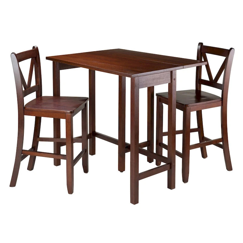 3-Pc Drop Leaf Table with V-Back Counter Stools, Walnut