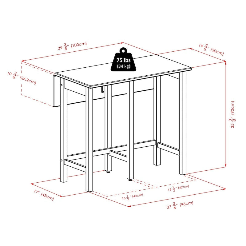 3-Pc Drop Leaf Table with V-Back Counter Stools, Walnut