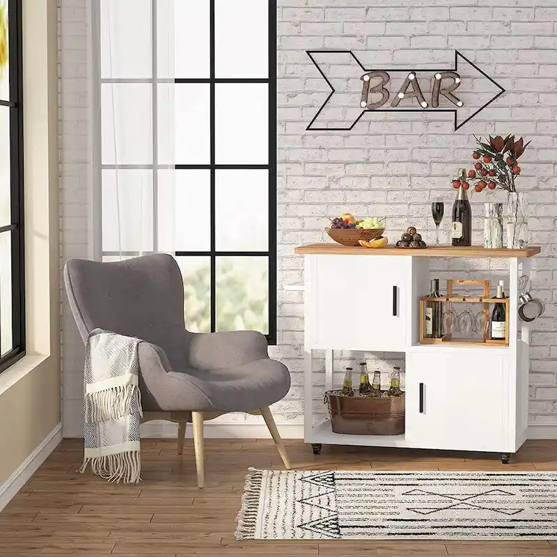 Kitchen Island with Wheels and Towel Rack, Kitchen Cart Utility Coffee Bar Cart with Shelves and Cabinet - White
