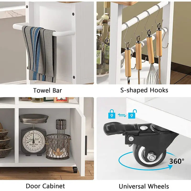 Kitchen Island with Wheels and Towel Rack, Kitchen Cart Utility Coffee Bar Cart with Shelves and Cabinet - White