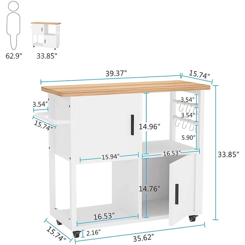 Kitchen Island with Wheels and Towel Rack, Kitchen Cart Utility Coffee Bar Cart with Shelves and Cabinet - White