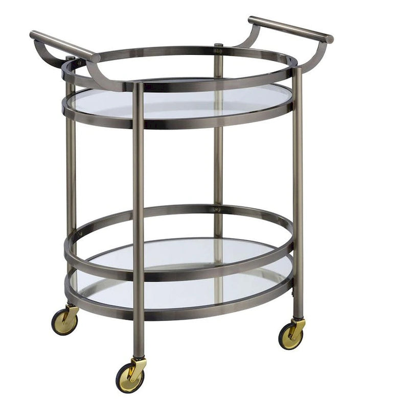 Oval Shaped Metal Serving Cart with 2 Shelves, Silver - 34 H x 19 W x 27 L Inches