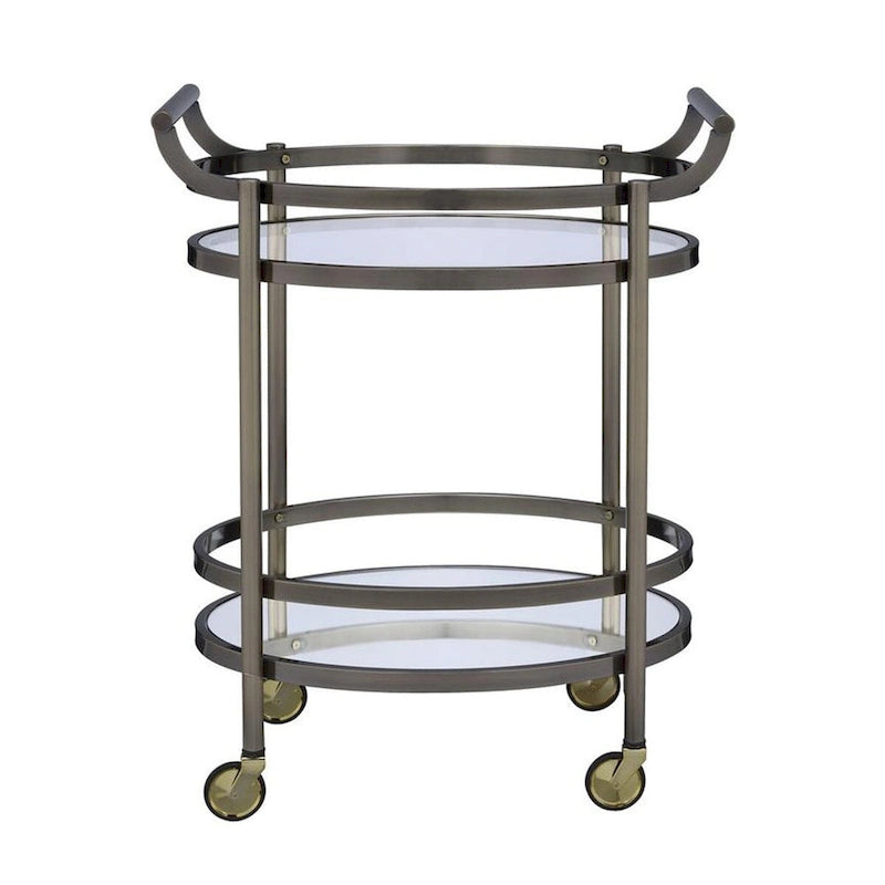 Oval Shaped Metal Serving Cart with 2 Shelves, Silver - 34 H x 19 W x 27 L Inches