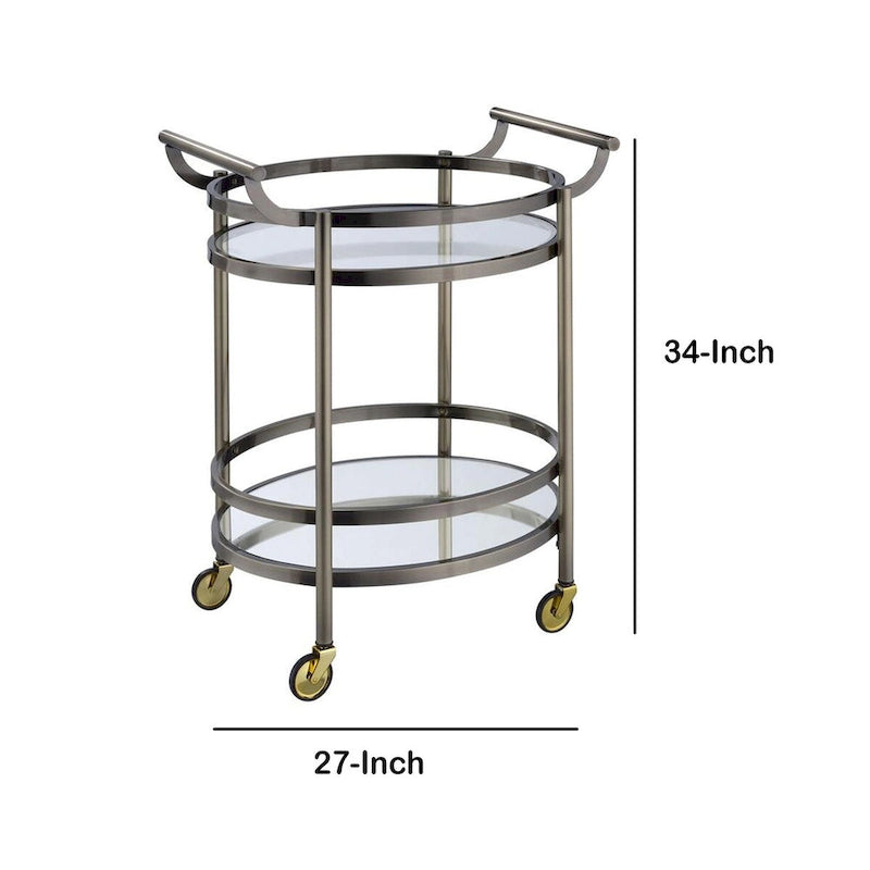Oval Shaped Metal Serving Cart with 2 Shelves, Silver - 34 H x 19 W x 27 L Inches