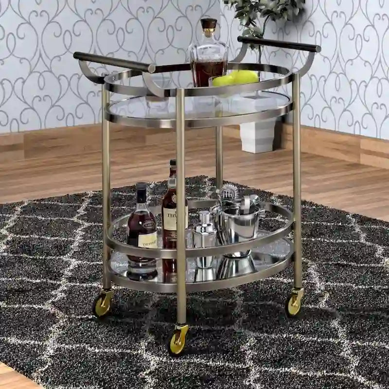 Oval Shaped Metal Serving Cart with 2 Shelves, Silver - 34 H x 19 W x 27 L Inches