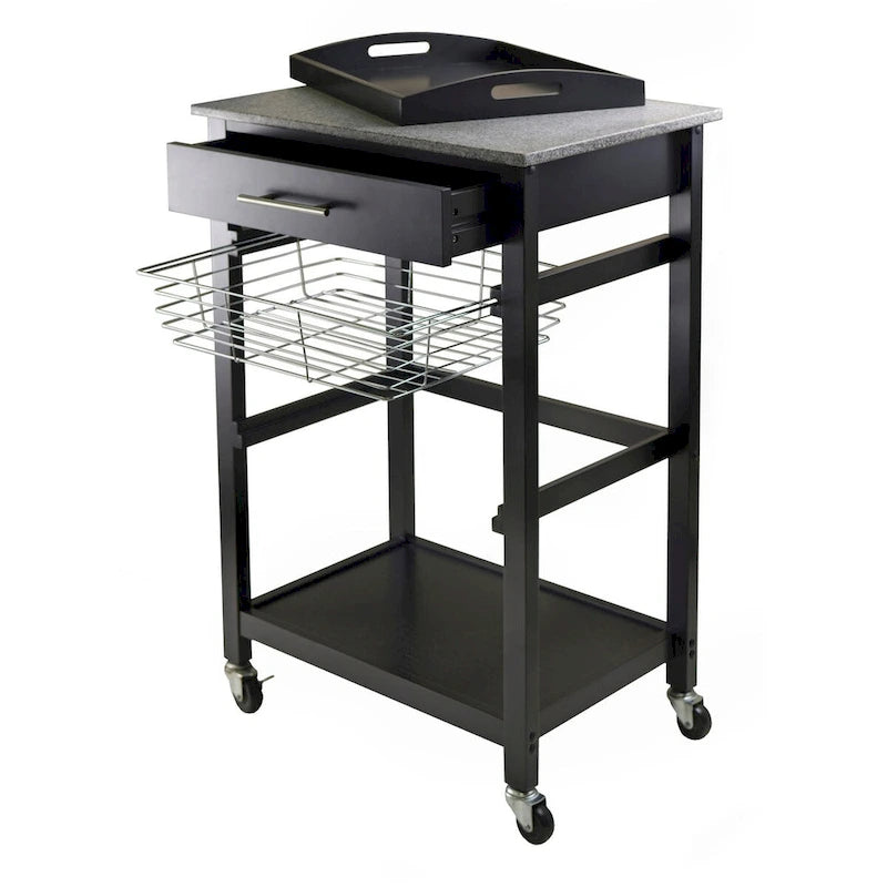 Julia Utility Kitchen Cart, Granite Top, Black - 22.68 x 16.06 x 33.94 inches