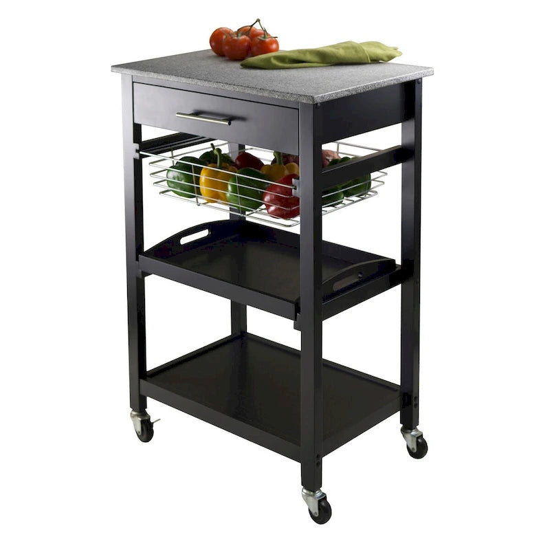 Julia Utility Kitchen Cart, Granite Top, Black - 22.68 x 16.06 x 33.94 inches