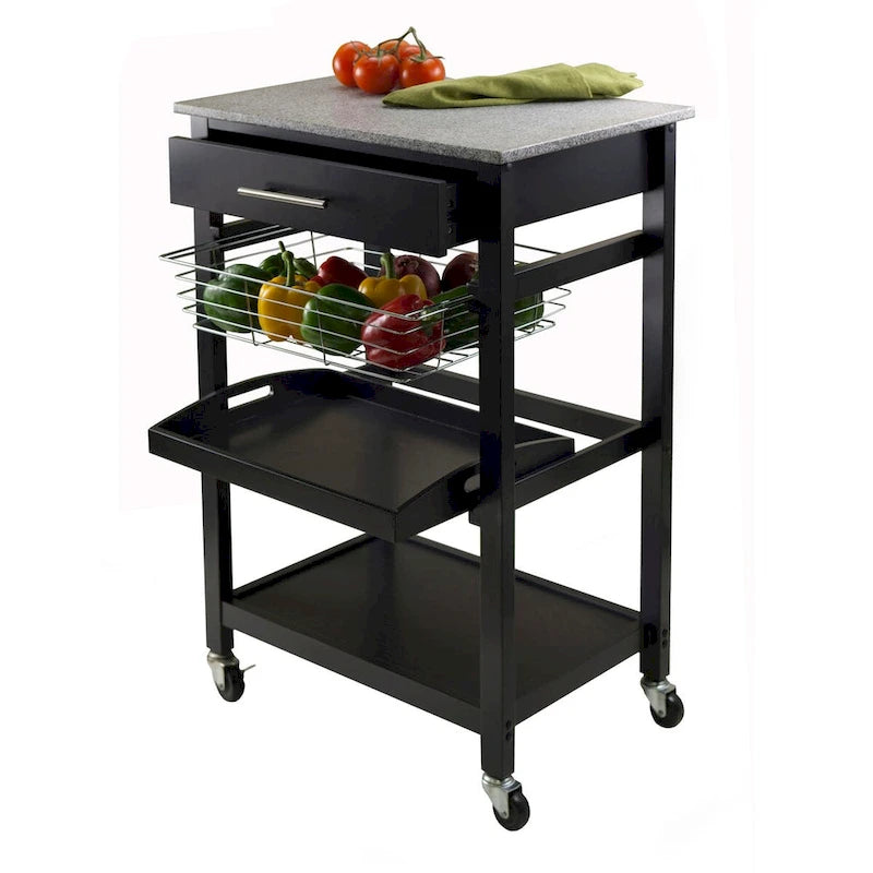 Julia Utility Kitchen Cart, Granite Top, Black - 22.68 x 16.06 x 33.94 inches