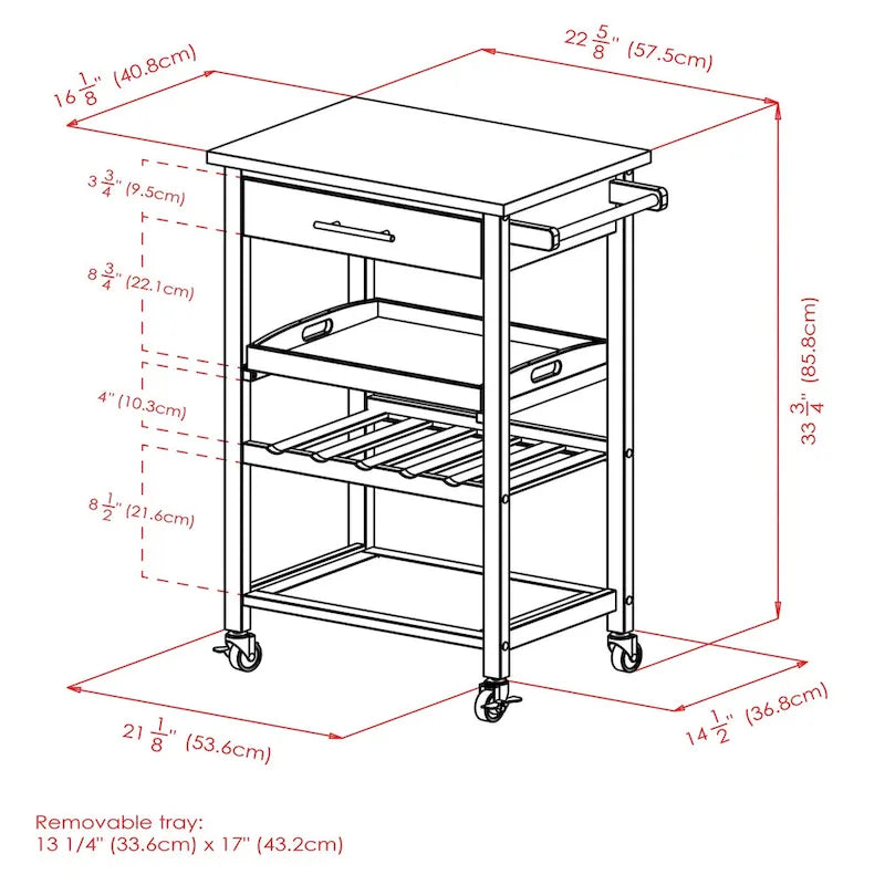 Anthony Utility Kitchen Cart, Stainless Steel Top, Black - 25.2 x 16.38 x 33.78 inches