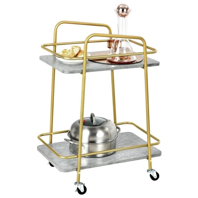 2-tier Kitchen Rolling Cart with Steel Frame and Lockable Casters-Gray - 16 x 24 x 32.5 (L x W x H)