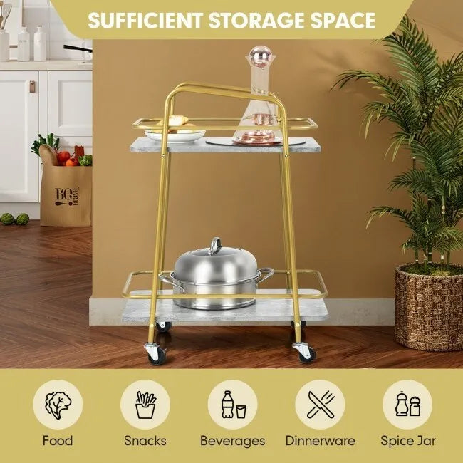 2-tier Kitchen Rolling Cart with Steel Frame and Lockable Casters-Gray - 16 x 24 x 32.5 (L x W x H)