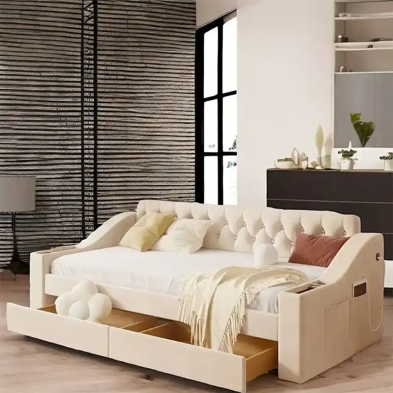 Twin Size Velvet Upholstered Daybed with Storage Armrests and USB Port