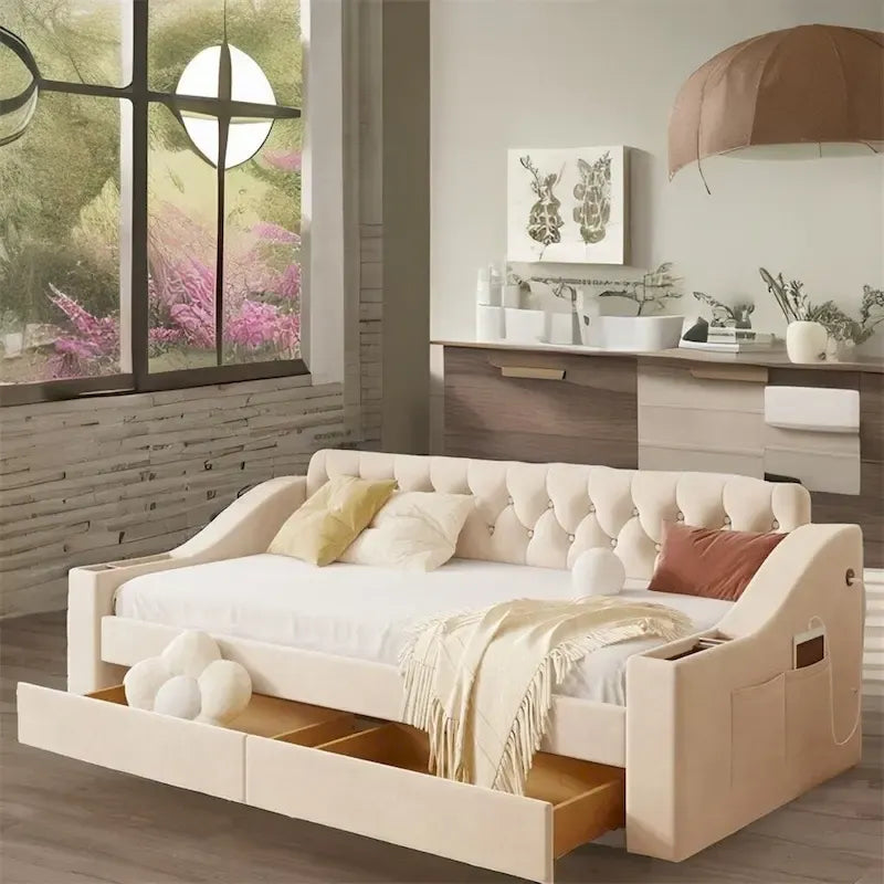 Twin Size Velvet Upholstered Daybed with Storage Armrests and USB Port