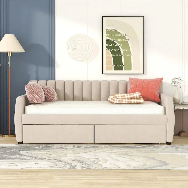 Merax Upholstered daybed with Drawers/Trundle, Wood Slat Support