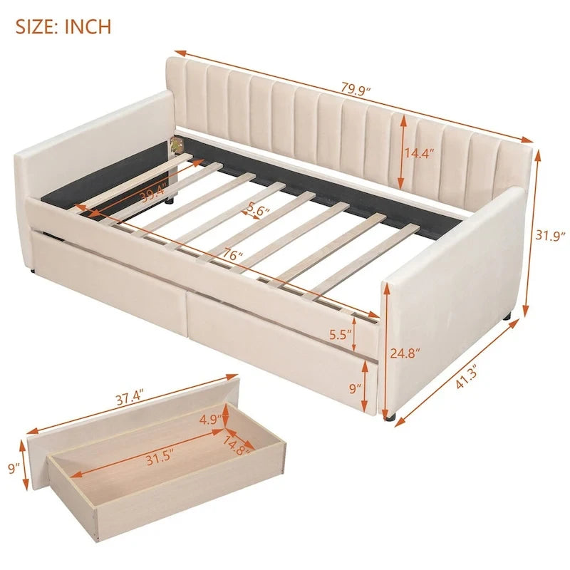 Merax Upholstered daybed with Drawers/Trundle, Wood Slat Support