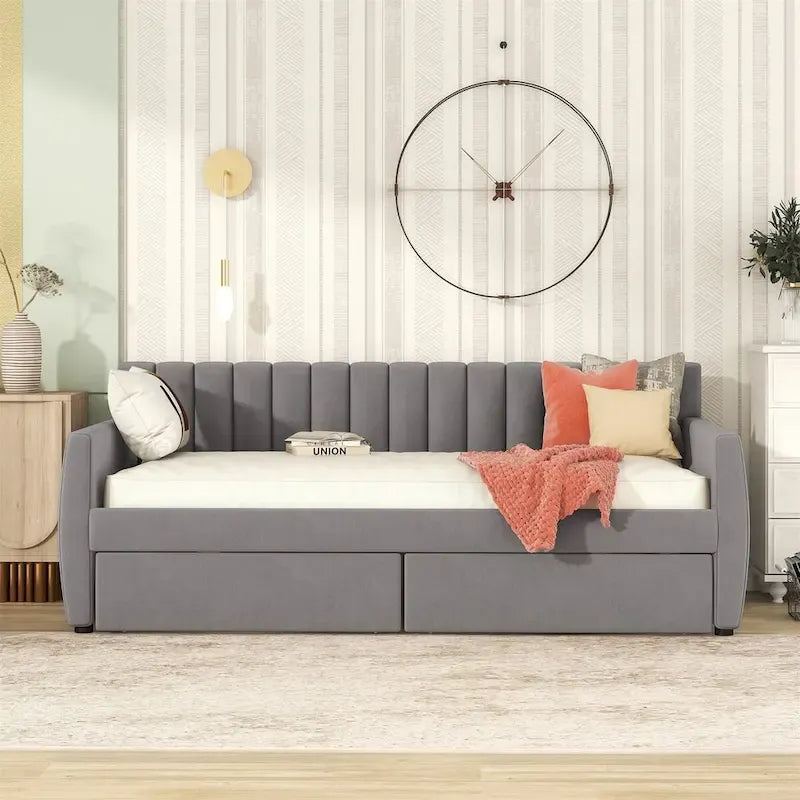 Merax Upholstered daybed with Drawers/Trundle, Wood Slat Support