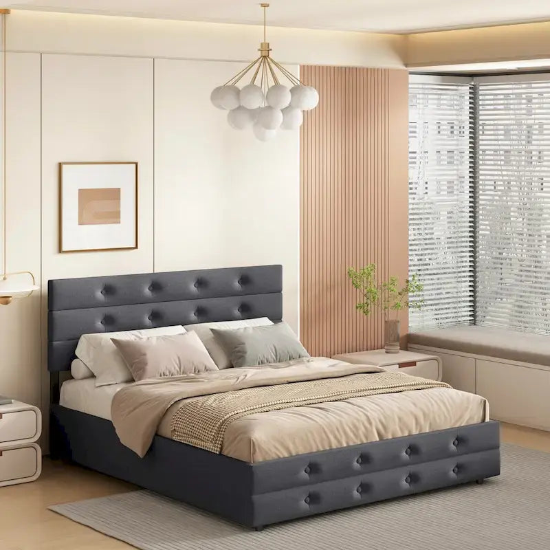 Queen Size Upholstered Linen Fabric Trundle Bed with Drawers, Queen Size Bed