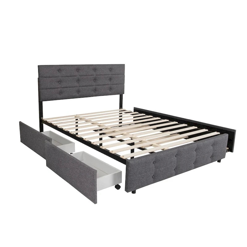 Queen Size Upholstered Linen Fabric Trundle Bed with Drawers, Queen Size Bed