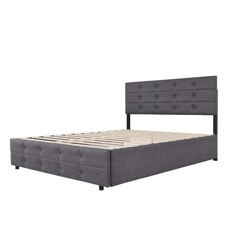 Queen Size Upholstered Linen Fabric Trundle Bed with Drawers, Queen Size Bed