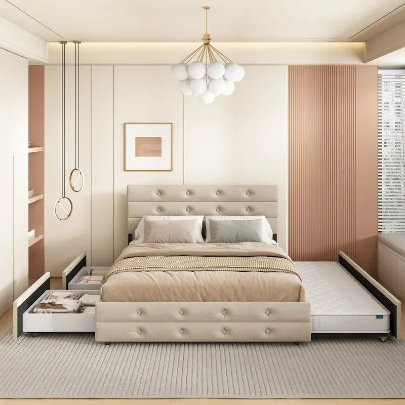 Queen Size Upholstered Linen Fabric Trundle Bed with Drawers, Queen Size Bed