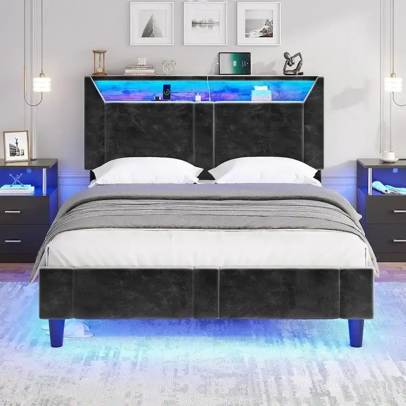 Velvet Bed Frame with Storage Headboard under Lights Charging Station