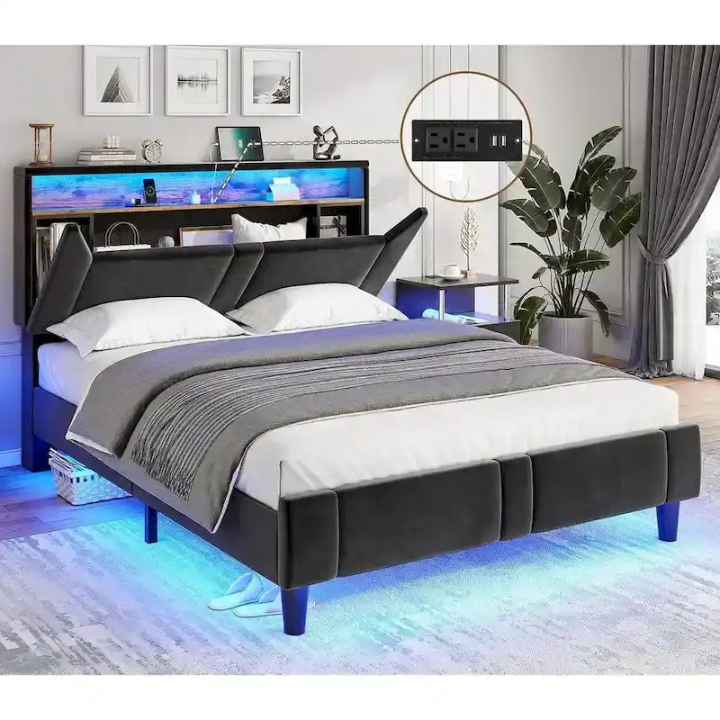 Velvet Bed Frame with Storage Headboard under Lights Charging Station