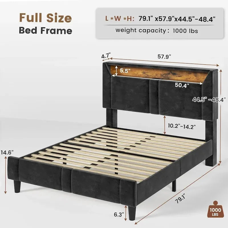 Velvet Bed Frame with Storage Headboard under Lights Charging Station