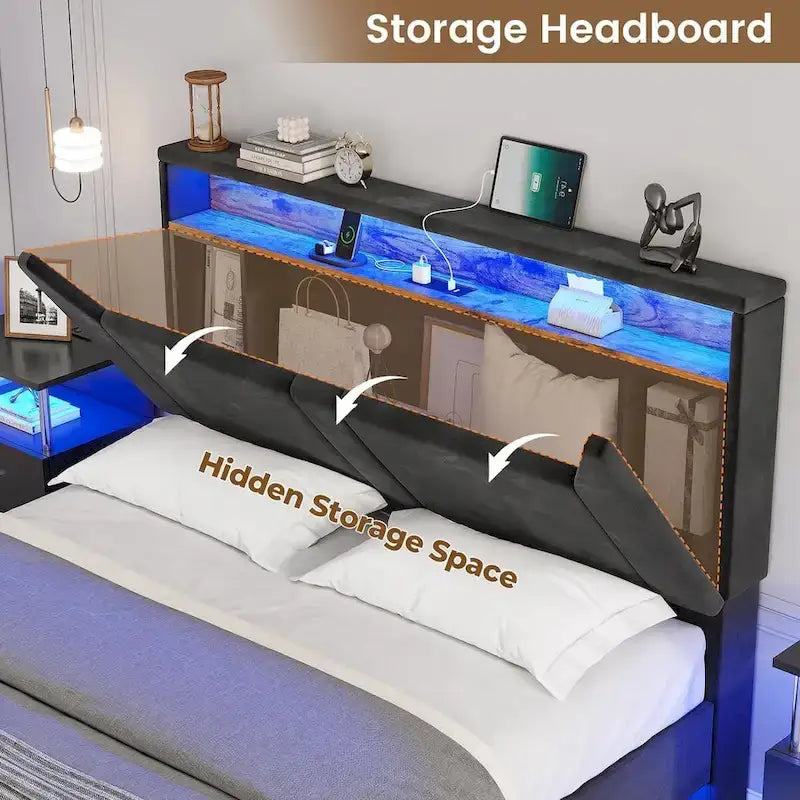 Velvet Bed Frame with Storage Headboard under Lights Charging Station