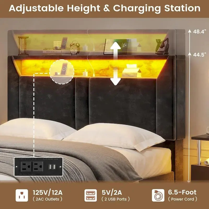 Velvet Bed Frame with Storage Headboard under Lights Charging Station