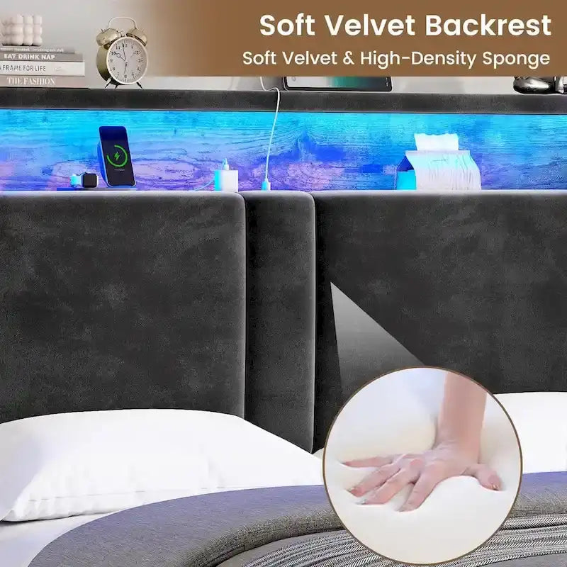 Velvet Bed Frame with Storage Headboard under Lights Charging Station