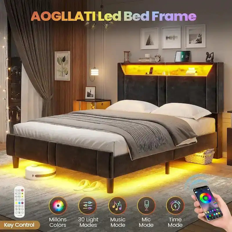Velvet Bed Frame with Storage Headboard under Lights Charging Station