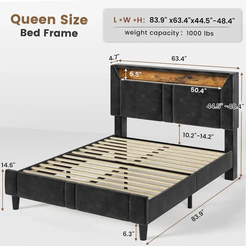 Velvet Bed Frame with Storage Headboard under Lights Charging Station