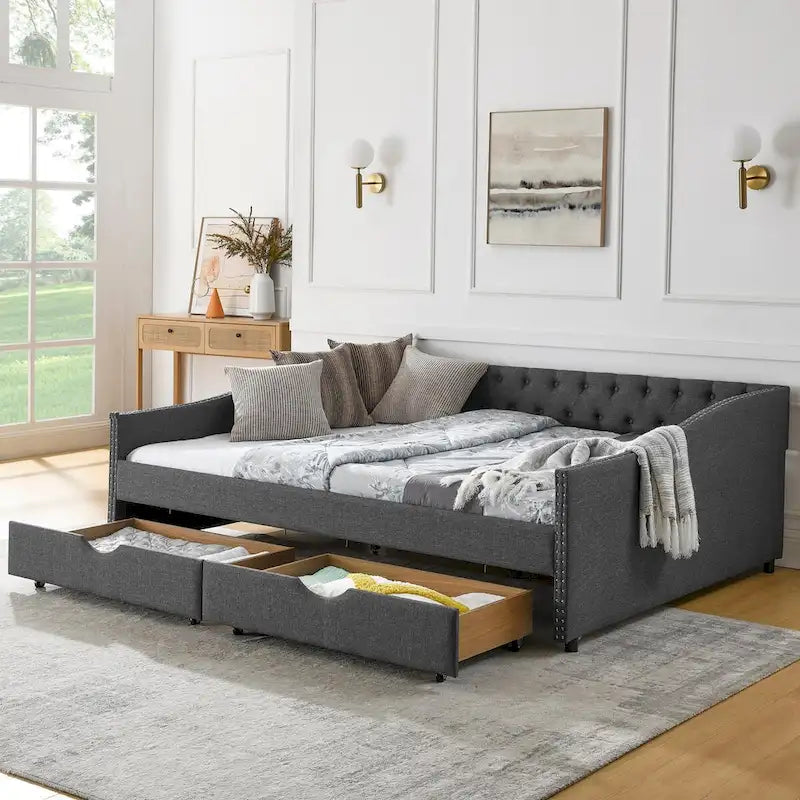 Queen Size Daybed with Upholstered Tufted Sofa Bed with Button on Back and Copper Nail on Waved Shape Arms(84.5x63.5x26.5)