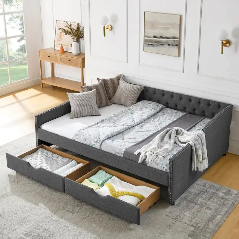 Queen Size Daybed with Upholstered Tufted Sofa Bed with Button on Back and Copper Nail on Waved Shape Arms(84.5x63.5x26.5)
