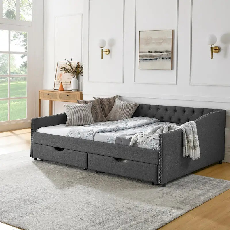 Queen Size Daybed with Upholstered Tufted Sofa Bed with Button on Back and Copper Nail on Waved Shape Arms(84.5x63.5x26.5)