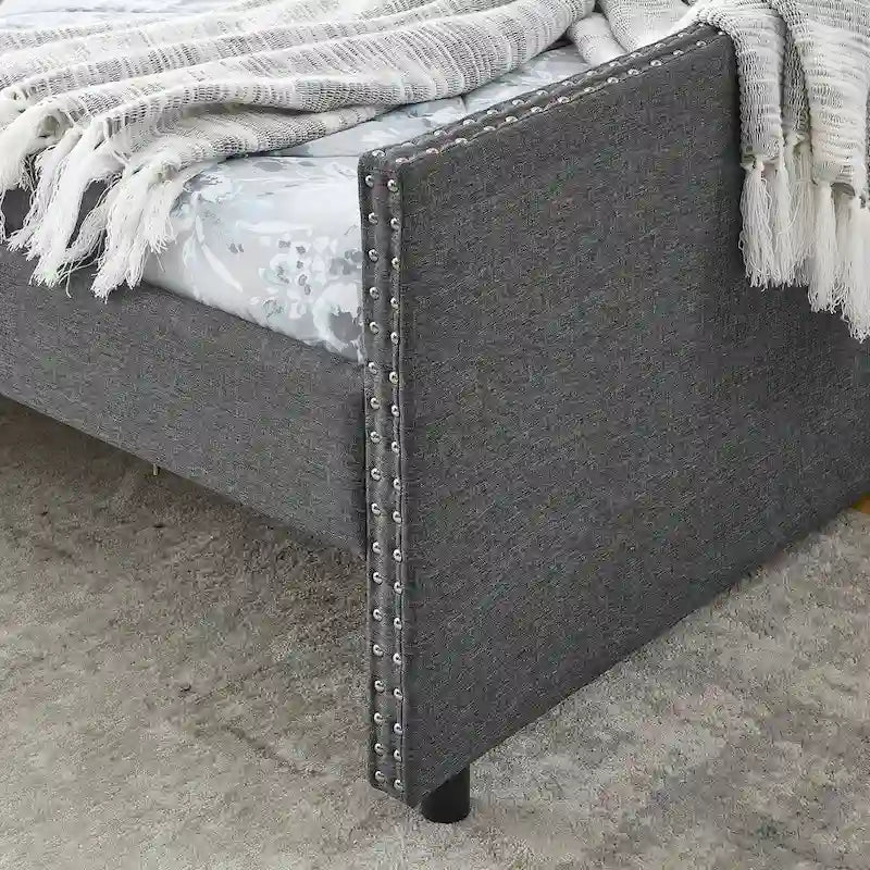 Queen Size Daybed with Upholstered Tufted Sofa Bed with Button on Back and Copper Nail on Waved Shape Arms(84.5x63.5x26.5)