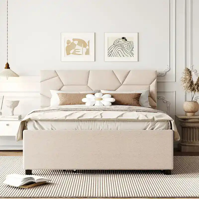 Full Size Upholstered Platform Bed with Brick Pattern Headboard and Twin Size Trundle, Linen Fabric