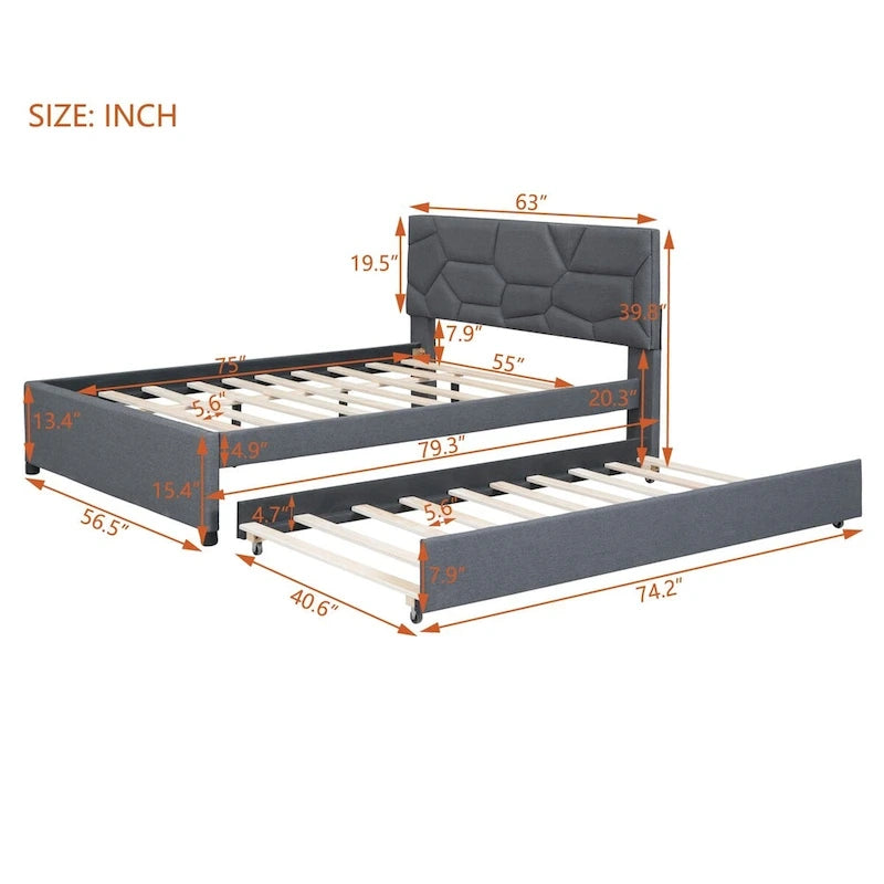 Full Size Upholstered Platform Bed with Brick Pattern Headboard and Twin Size Trundle, Linen Fabric