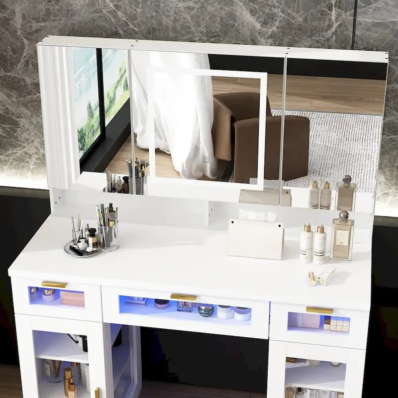 Vanity Table with Adjustable LED Lights, Tri-Fold Mirrors, and Drawers