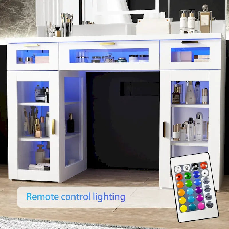 Vanity Table with Adjustable LED Lights, Tri-Fold Mirrors, and Drawers
