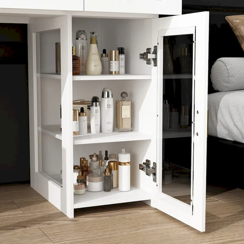 Vanity Table with Adjustable LED Lights, Tri-Fold Mirrors, and Drawers