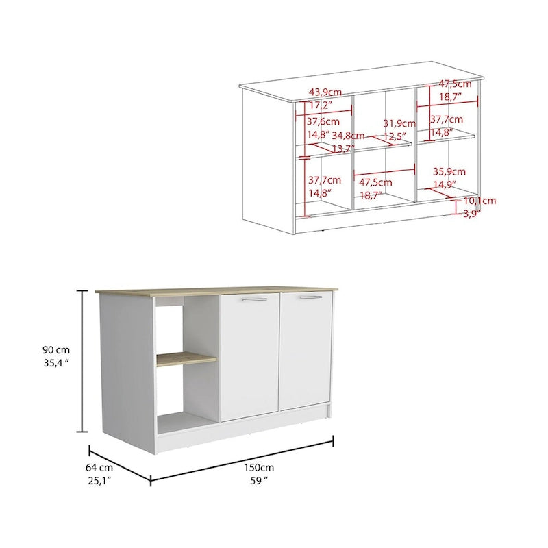 Kitchen Island, Four Open Shelves, Two Cabinets -Light Oak / White