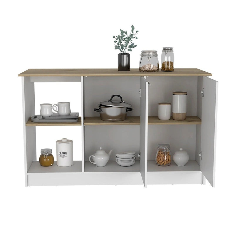 Kitchen Island, Four Open Shelves, Two Cabinets -Light Oak / White