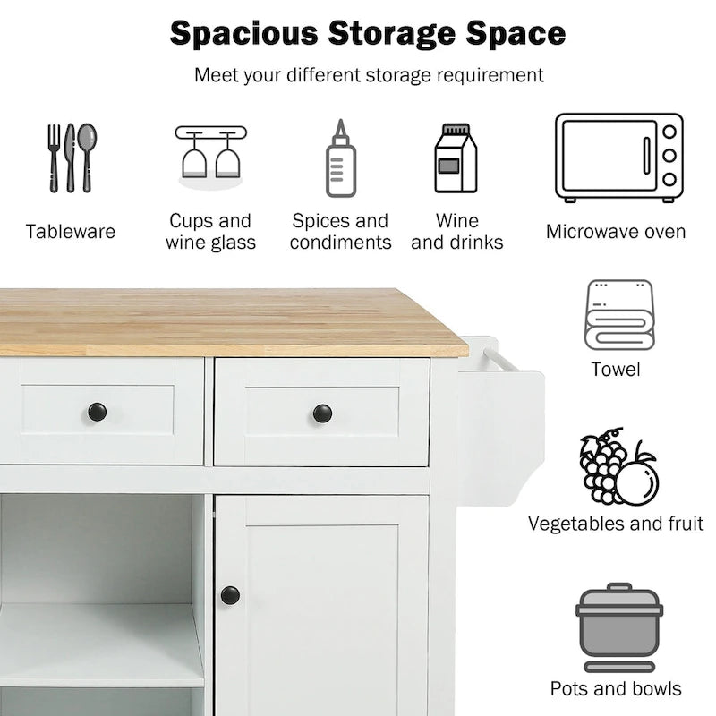 Kitchen Cart with Rubber wood Drop-Leaf Countertop
