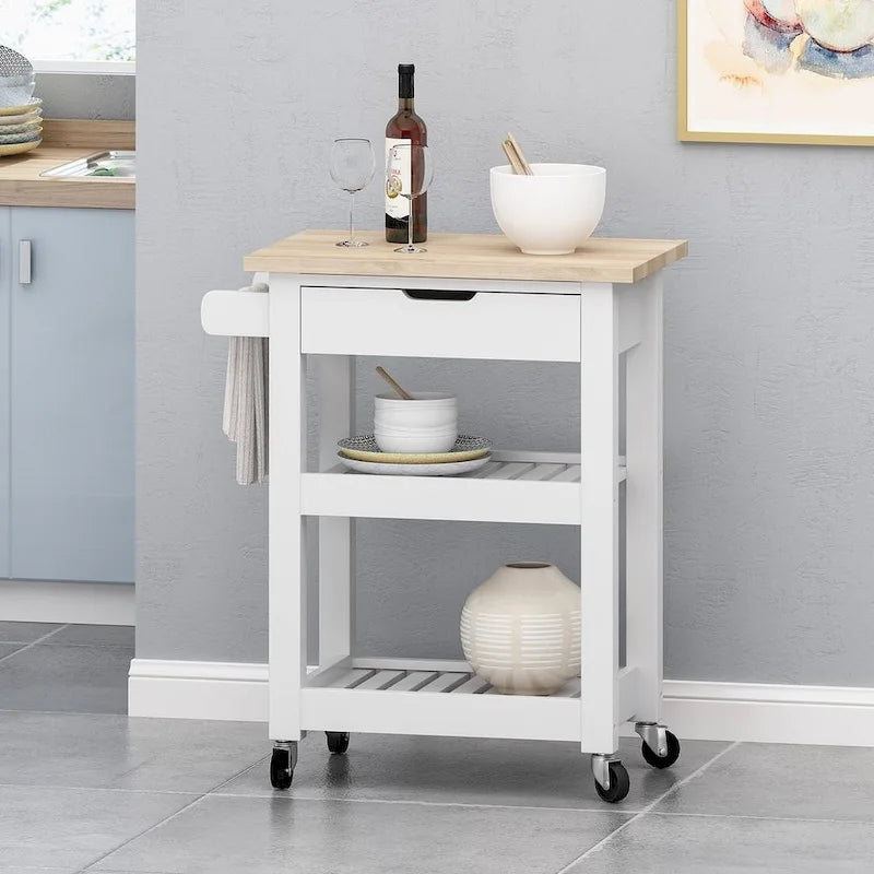 Compact Wooden Kitchen Cart with Wheels Shelves and Drawer by Christopher Knight Home