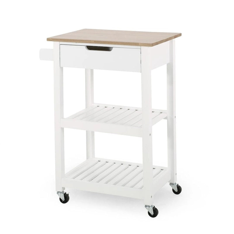 Compact Wooden Kitchen Cart with Wheels Shelves and Drawer by Christopher Knight Home