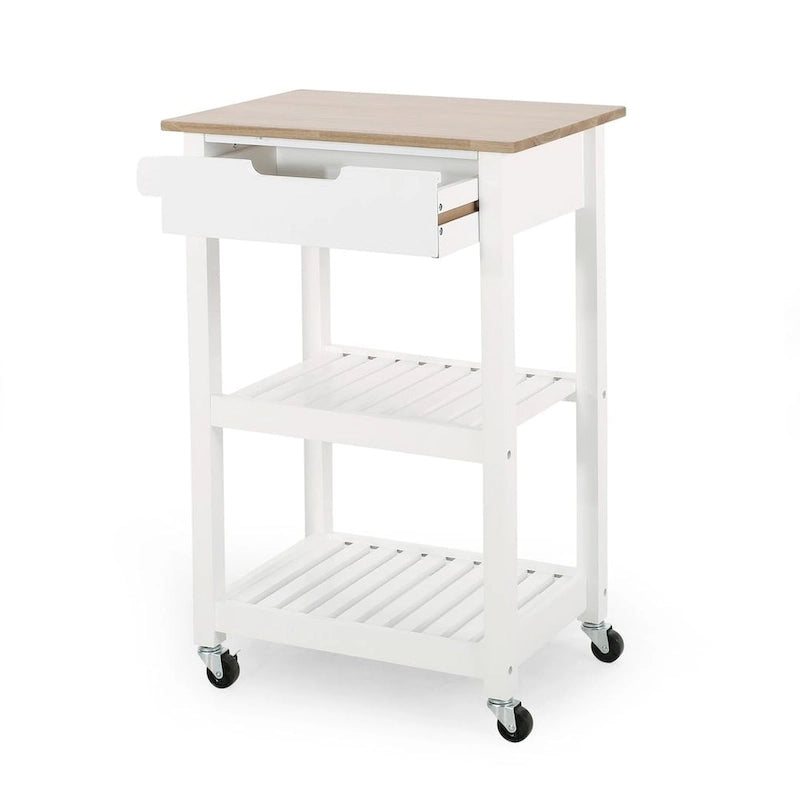 Compact Wooden Kitchen Cart with Wheels Shelves and Drawer by Christopher Knight Home