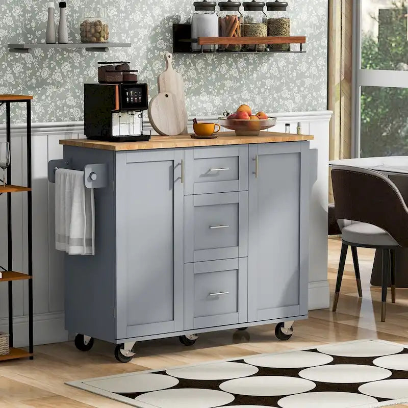 Rubberwood Kitchen Cart with Drop Leaf, Internal Storage Rack, Spice Rack, 2 Slide-Out Shelf, and 3 drawer