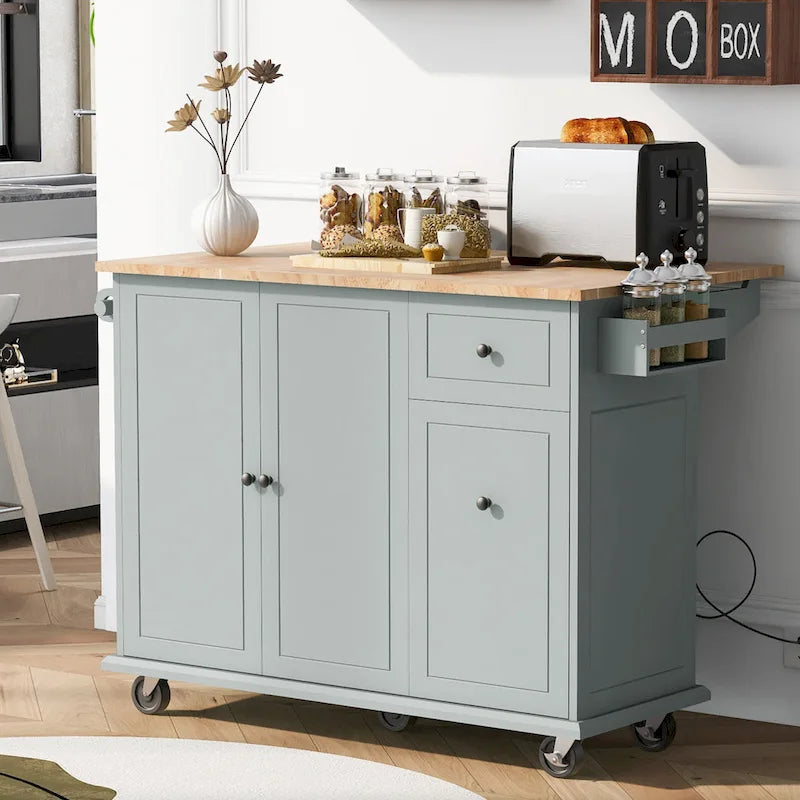 53.9 Width Rolling Kitchen Island with Drop Leaf and 3 Tier Pull Out Cabinet