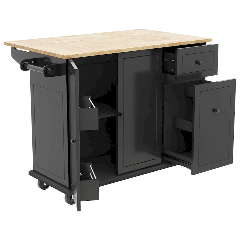 53.9 Width Rolling Kitchen Island with Drop Leaf and 3 Tier Pull Out Cabinet